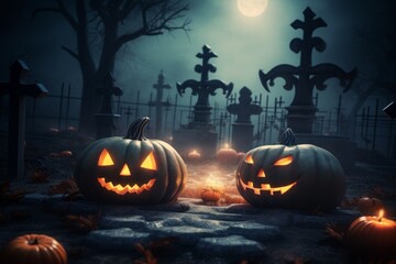 Pumpkins in the cemetery. Halloween concept. Background with selective focus and copy space