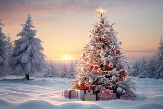 Celebrating winter's beauty with a decorated Christmas tree in snowy landscape. Merry christmas, happy new year concept