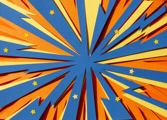 Handmade paper cutout pop art comic background. Cartoon flat style. In yellow, orange and blue...