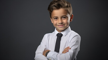 Boy in white shirt and tie on dark gray background.
