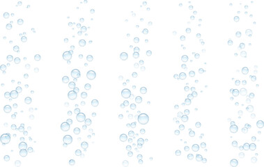 Fototapeta na wymiar Sparkling water in transparent glass with fizzing effect and bubbled stream. Realistic blue bulb bleb circles of air. Vitamin capsule dissolved in aqua beverage, releasing vapor and motion of spheres.