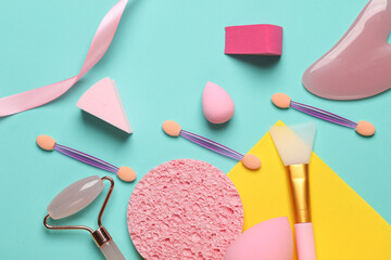 Beauty products on a blue yellow background. Flat lay