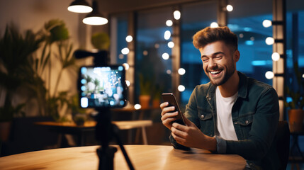 Male blogger recording a video.