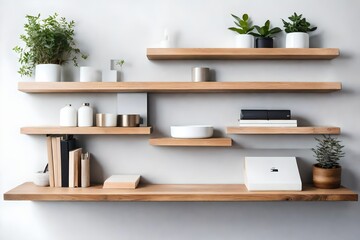 Fototapeta na wymiar Wood floating shelf on white wall. Storage organization for home