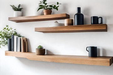 Wood floating shelf on white wall. Storage organization for home - obrazy, fototapety, plakaty