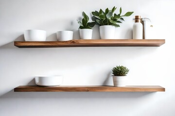Wood floating shelf on white wall. Storage organization for home
