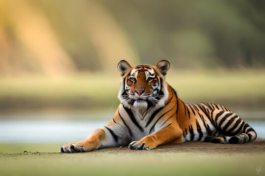 Male tiger, Panthera tigris, eating gaur, Kanha National Park, Madhya Pradesh, India 