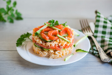 Boiled white rice with salted red fish, cucumbers and other vegetables with herbs in a plate.