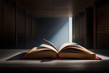 An old, dusty book partially hidden in the shadows of a dimly lit attic, with a shaft of sunlight illuminating its pages