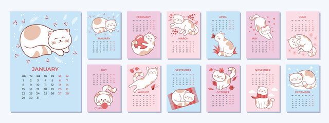 Fototapeta na wymiar Calendar 2024 template with a cute cat. Set of 12 Months calendar. Week Starts on Monday