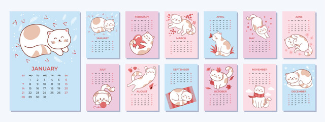 Obraz premium Calendar 2024 template with a cute cat. Set of 12 Months calendar. Week Starts on Sunday