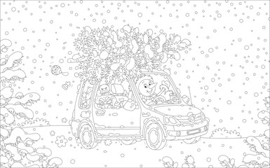 Greeting card with a funny snowman driving a small car with a snowy Christmas tree, holiday gifts, toys and sweets, black and white outline vector cartoon illustration