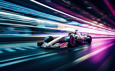 Obraz premium Colourful neon race car on the race track, Formula 1 at night competing at high speed in motion blur, light trails 