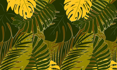 Colorful tropical leaves and Jungle vector banner.