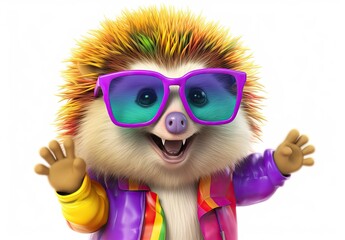 Fototapeta premium Happy hedgehog glad to meet you. Close-up of a fashion hedgehog with sunglasses. Digital art. Cute cartoon character. Illustration for card, cover, printable design for t-shirts, mugs, cases, etc.