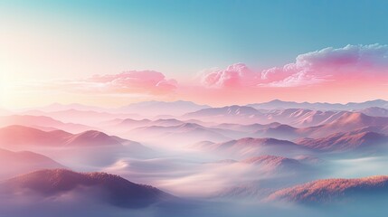 Obraz premium Mountain range with visible silhouettes through the morning colorful fog. Hazy mountain sunset. Panoramic view. Illustration for banner, poster, cover, brochure or presentation.