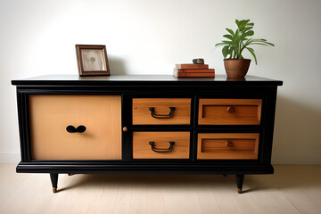 Vintage cabinet with vase and mock up poster frame on vintage chest of drawers, interior. Low view