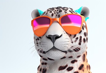 Fototapeta na wymiar Close-up of a fashion leopard with sunglasses. A toy fluffy panther is looking at us. Digital art. Cute cartoon character. Illustration for card, poster, cover, print, etc.
