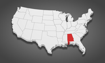 Alabama State Highlighted on the United States of America 3D map. 3D Illustration