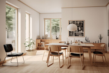 Minimalist living room, scandiavian style, dining table, vitra chairs, highly detailed photo realistic
