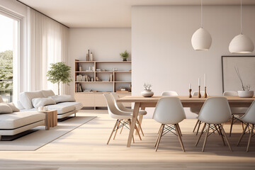 Fototapeta premium Minimalist living room, scandiavian style, dining table, vitra chairs, highly detailed photo realistic