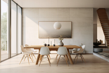 Minimalist living room, scandiavian style, dining table, vitra chairs, highly detailed photo realistic
