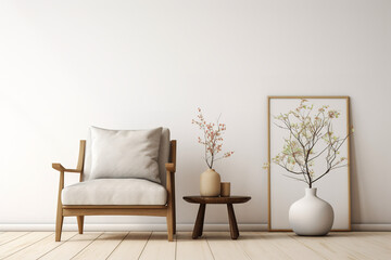 Fototapeta na wymiar Minimalist living room with focus on an armchair in Japanese style, highly detailed photo realistic high resolution