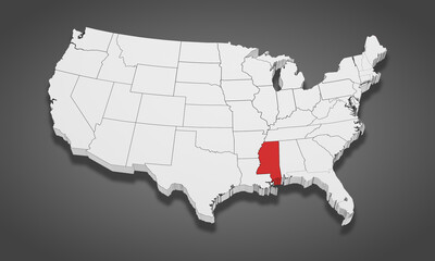 Mississippi State Highlighted on the United States of America 3D map. 3D Illustration