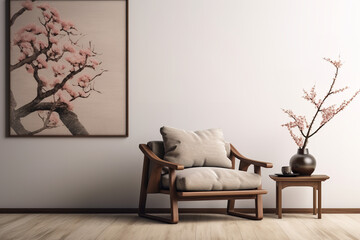 Minimalist living room with focus on an armchair in Japanese style, highly detailed photo realistic high resolution