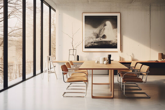 Minimalist living room, scandiavian style, dining table, vitra chairs, highly detailed photo realistic