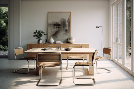 Minimalist living room, scandiavian style, dining table, vitra chairs, highly detailed photo realistic