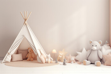 Fototapeta na wymiar very realistic interior design photo for a wallpaper mock up, white wall, no decorations on the wall, beautiful boho dreamy girls bedroom with pastel decorative pillows, lots of decorations and toys 