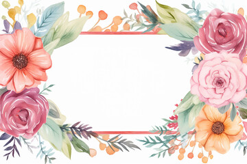 watercolor boho flowers and feathers, rectangle frame, boho colors, white background