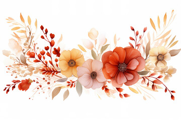 watercolor clipart minimalist floral rectangle frame, features delicate flowers in shades of rustic red and deep gold. The red blooms have hints of burnt orange
