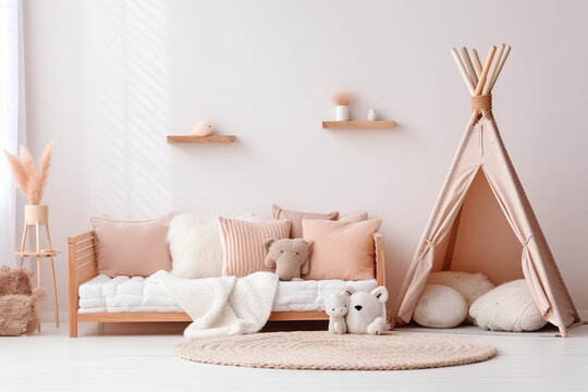 Very Realistic Interior Design Photo For A Wallpaper Mock Up, White Wall, No Decorations On The Wall, Beautiful Boho Dreamy Girls Bedroom With Pastel Decorative Pillows, Lots Of Decorations And Toys 