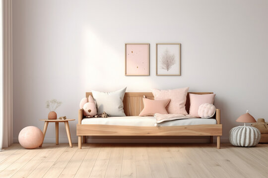 very realistic interior design photo for a wallpaper mock up,white wall simple with no decorations on wall. Beautiful girls room with a wooden kids daybed with salmon color pallete 