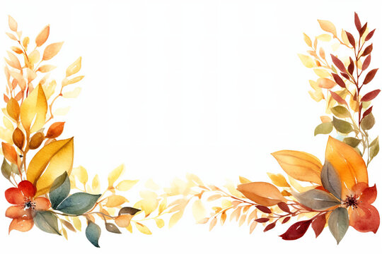 watercolor clipart, goldenrod yellow and sienna rectangular frame that glows like the sun with dark teal leaves and deep red accents add intensity, white background