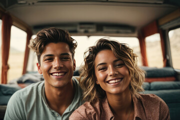 Fototapeta na wymiar cute couple sitting in a car