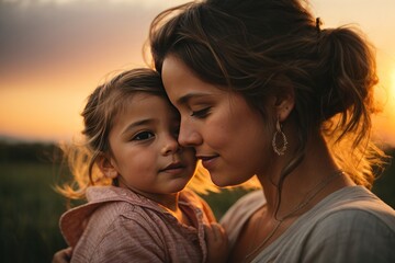 Young Mom Enjoying Sunset with Her Daughter