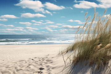 Panoramic view of a high dune beach with tall reeds along the side of a path made of pure white sand leading to the ocean.