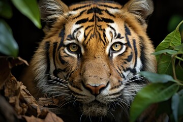 Fototapeta premium A tiger leaps gracefully from tree to tree, hunting its prey.