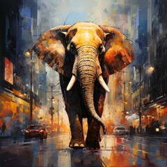 Fototapeta na wymiar An elephant parades through a bustling city, causing astonishment and chaos.