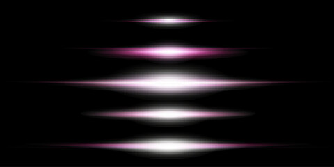Purple horizontal lens flares pack. Glowing purple, pink light effects isolated on transparent background. Laser beams, light rays. Set of abstract lens flares, glowing stars and sparkles. Vector.