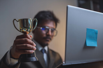 Businessman, success, company president Holding an outstanding trophy for corporate development of an investment company
