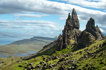 Obraz premium The Old Man of Storr, The Storr, Trotternish on the Isle of Skye in Scotland overlooking the Sound of Raasay