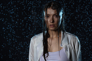 young woman in the rain, getting wet through, wet clothes and water running down her face.