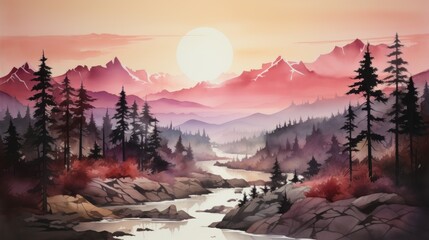 Mountain Peaks minimalist watercolor landscape art	