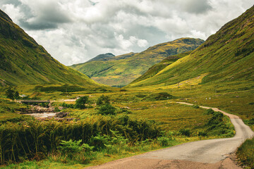 Fototapeta na wymiar Glen Etive (James Bond Sykfall Road) in Glencoe, Scotland in the Scottish Highlands