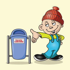 a man is showing a trash can for cleanliness