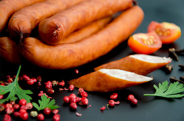 Tasty sausages and vegetables isolated over solid background